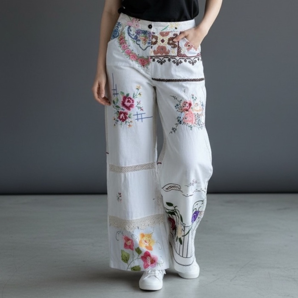 Floral Embroidered White Wide-Leg Pants